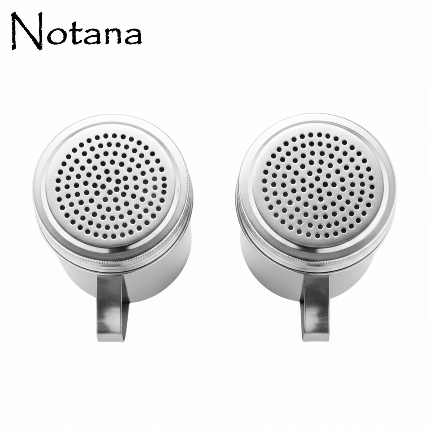 Notana Stainless Steel 10 Ounce Dredge Shakers with Handle for Powder Sugar, Flour Duster for Baking, Seasoning Shaker, Salt and Pepper Shakers, Cinnamon Sugar Dispenser for Kitchen (2-PACK)