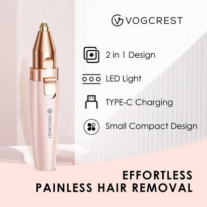 VG VOGCREST Eyebrow & Facial Trimmer: 2 in1 Rechargeable Facial Hair Removal & Eyebrow Shaver - Body Razor with Built-in LED Light (Rose Gold)