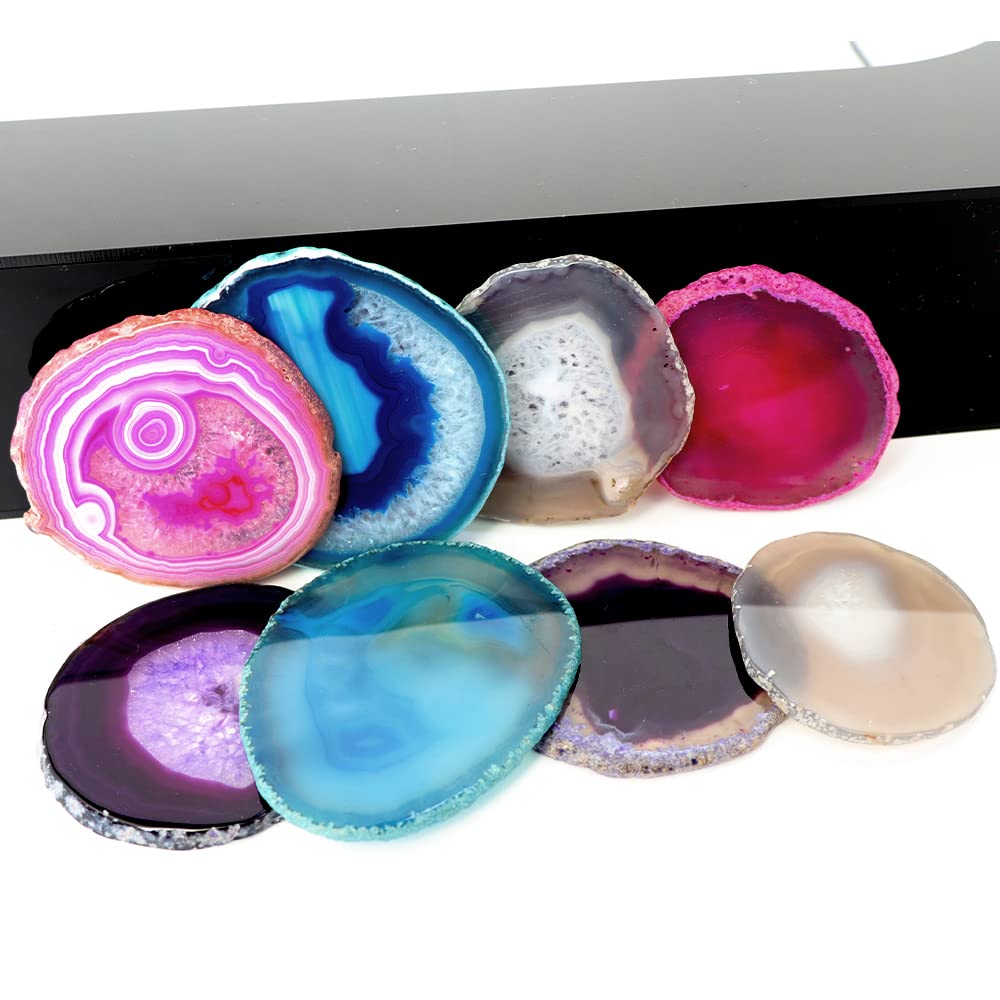 AMOYSTONE Teal Agate Coasters for Drinks - Set of 4 Geode Crystal Quartz Rock Slices With Rubber Bumpers 3-3.5"