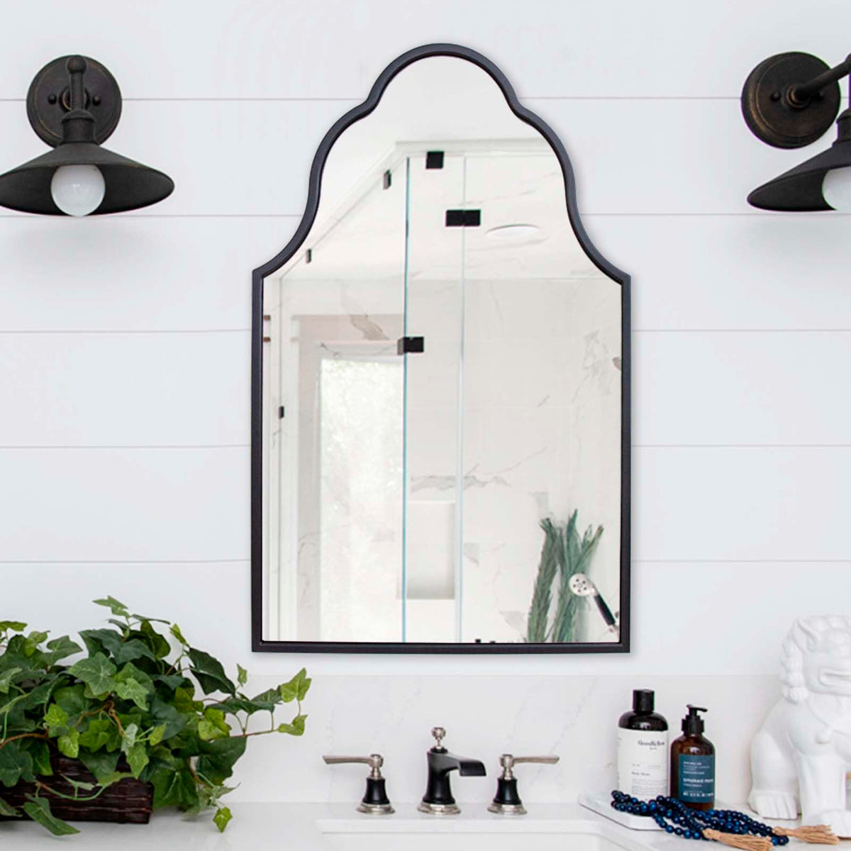 Chende 36'' X 24'' Arch Mirror with Wood Frame, Large Black Bathroom Mirror for Wall, Elegant Scalloped Mirror for Entryway, Living Room, Dining Room