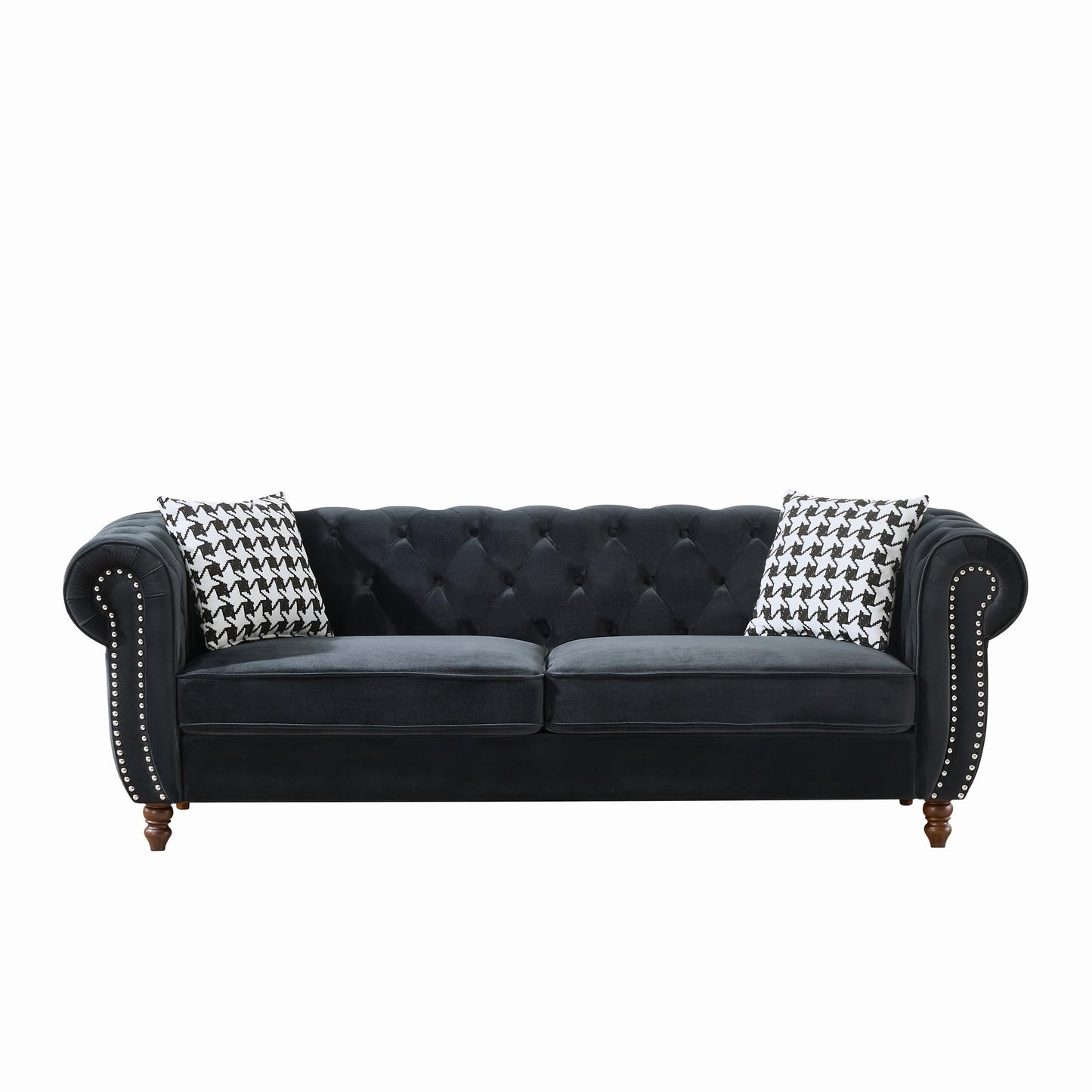 KEIKI 89" ‌Chesterfield Velvet Sofa, Mid Century Modern 3 Seater Couch w/Roll Armrest & Nailhead, Comfy Upholstered Sleeper Cloud Couches SofaBed for Office Apartment Living Room, Easy Assembly, Black