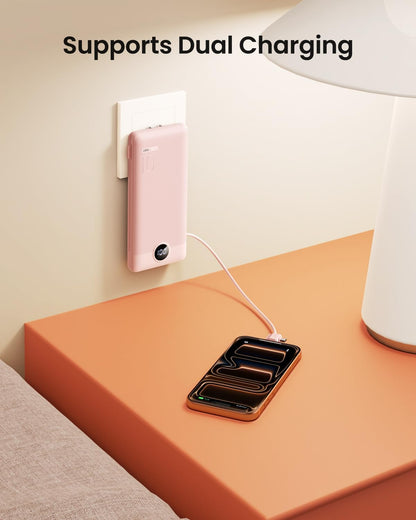 Coowisty Portable Charger Built-in Cables and Wall Plug, 10000mAh Slim USB C Power Bank, LED Display External Battery Pack Compatible with iPhone/Android & More (Pink)