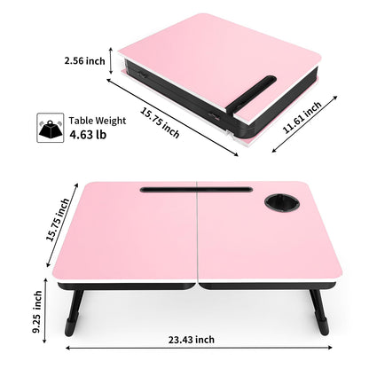 BUYIFY Portable Foldable Laptop Desk for Bed and Couch, Adjustable Lap Desk with Cup Holder and Phone Holder, Ideal for Working, Reading, Writing, and Breakfast (Pink) - SDC1