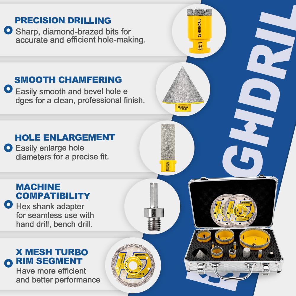 HIGHDRIL 13Pcs Diamond Hole Saw Kit and HIGHDRIL Core Drill Bit Set - 5pcs