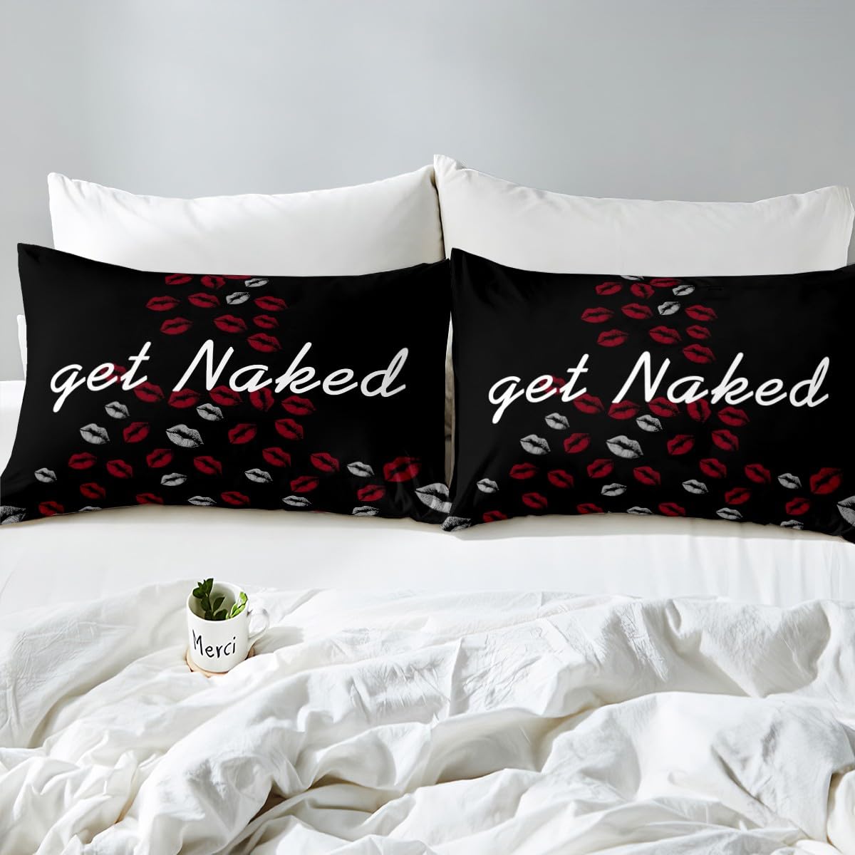 Feelyou Get Naked Duvet Cover Sexy Red Lips Bedding Set for Men Women Couple Lover Funny Quotes Kiss Comforter Cover Ultra Soft Decor Black and White Bedspread King Size Zipper (No Comforter)