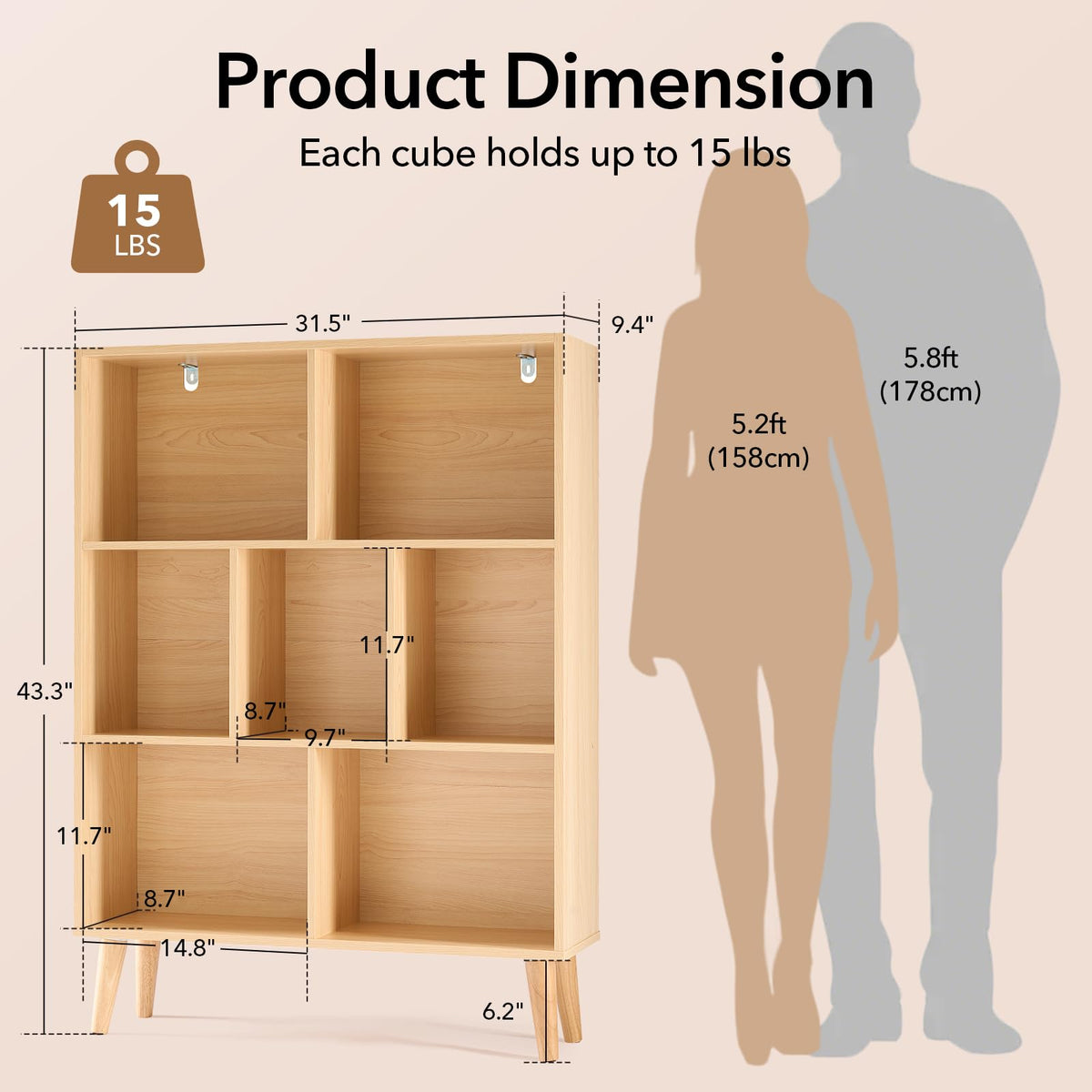DUMOS Book Shelf, 7 Cube Storage Organizer with Legs, 3-Tier Modern Wooden Bookcase, Open Standing Display Shelf for Living Room, Bedroom, Office, Light Pine