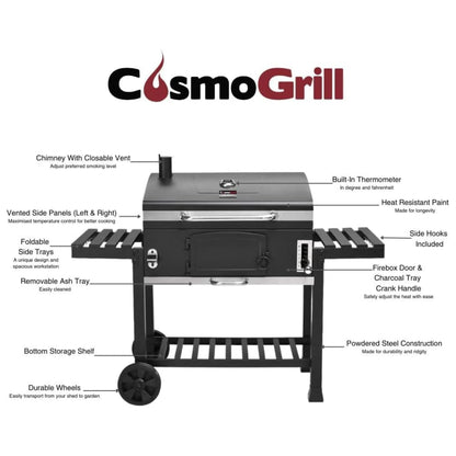 CosmoGrill Outdoor XXL Smoker Barbecue Charcoal Portable BBQ Grill | Lid Cover, Adjustable Charcoal Pan, Warming Rack & Built-in Thermometer | Extra Large Coal BBQ Smoker for Home Garden Party Cooking
