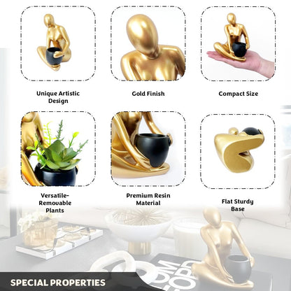 Senea Kay Modern Abstract Statue with Removable Faux Succulents Plants – Resin Figurine Home Decor Accents, Coffee Table Shelf Styling. Collectible Art Luxury Gift Items Woman thinker sculpture (Gold)