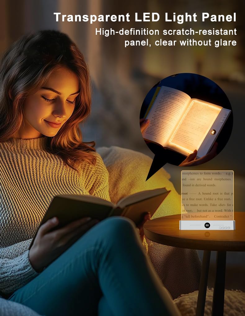 8.4" Rechargeable LED Flat Reading Light, 3 Color Modes Stepless Dimming Book Light with Timer, Eye-Care Brightness Adjustable Clear LED Reading Lamp for Bed, Study, Book Lovers, Dorm, Travel (white)