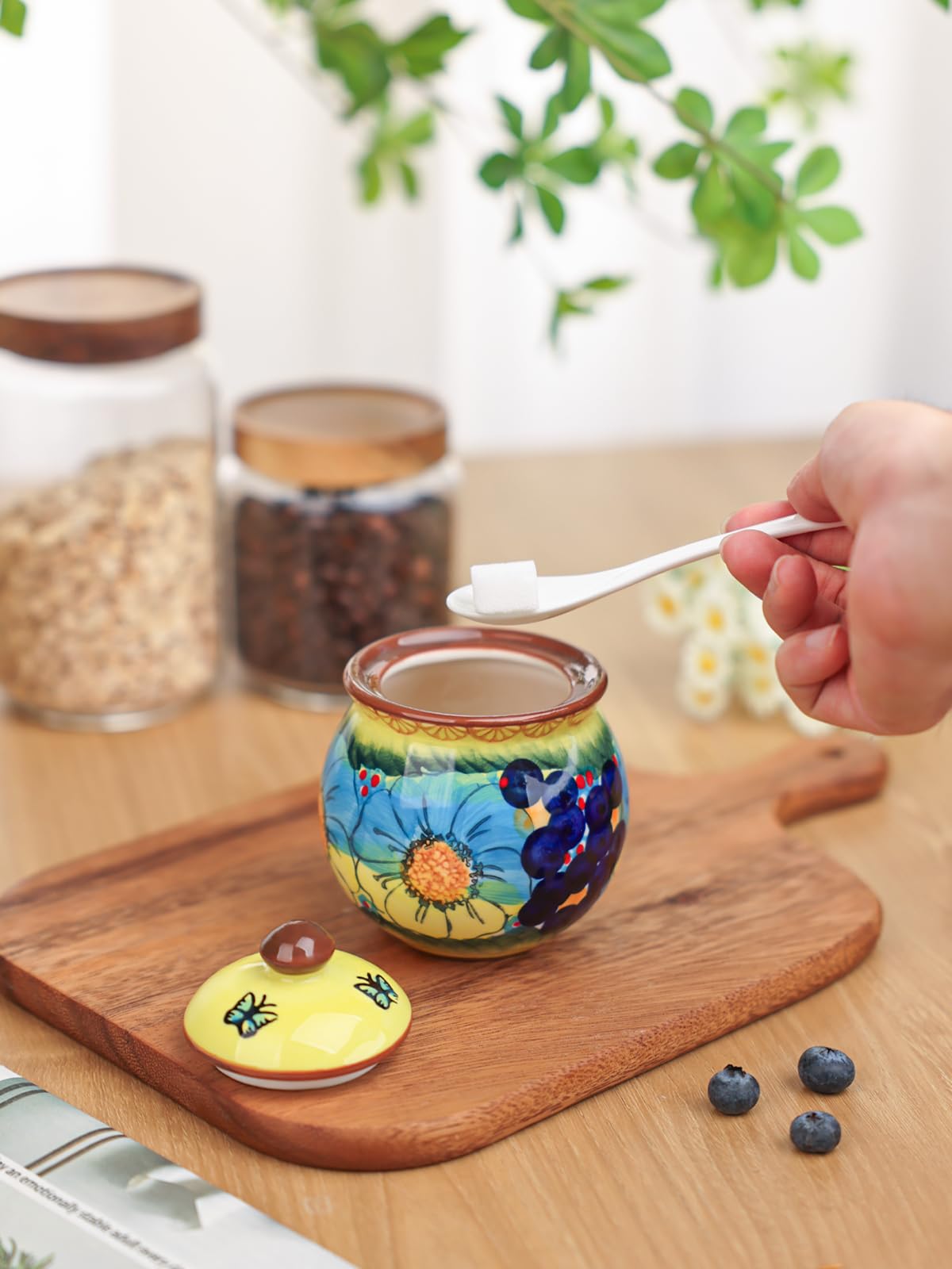 silesia Handmade Sugar Bowl with Lid and Spoon, 8 oz Hand-Painted Ceramic Sugar Jar, Floral Design Seasoning Container for sugar, honey, or spices, Dishwasher Safe (Glazed Yellow)