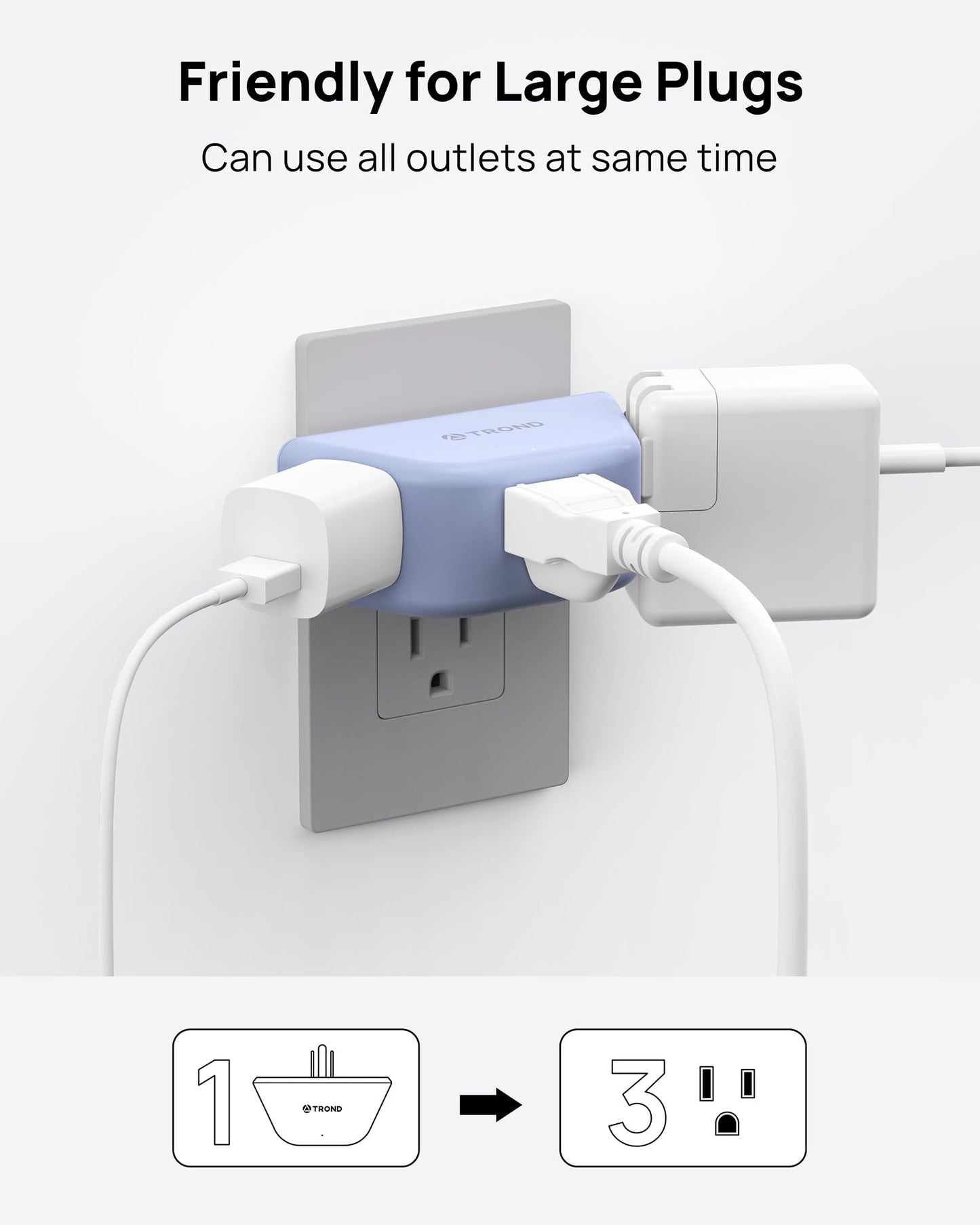 TROND Multi Plug Outlet Extender 2 Pack - Electrical Wall Splitter, 3 Way Angled Wall Outlet Adapter, Cruise Essentials, Small Multiple Plug Expander for Cruise Ship Home Office Dorm Room, White