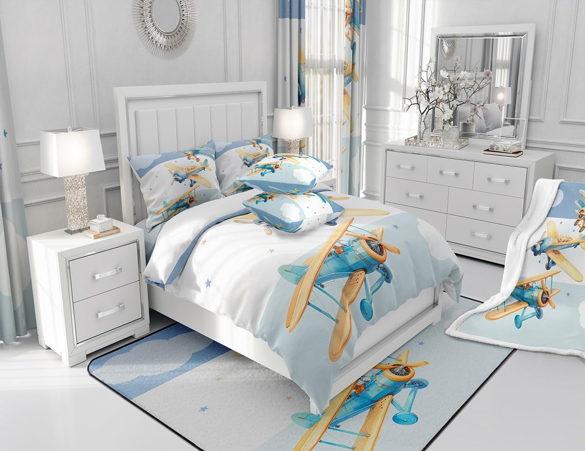 Manfei Cartoon Airplane Queen Size Comforter Set 3 Pcs,Aviation Aircraft Modern Plane Down Alternative Bedroom Decor,Sky Clouds Stars Blue White Stripes Print Ultra Soft Microfiber Inner Fill 3Pcs