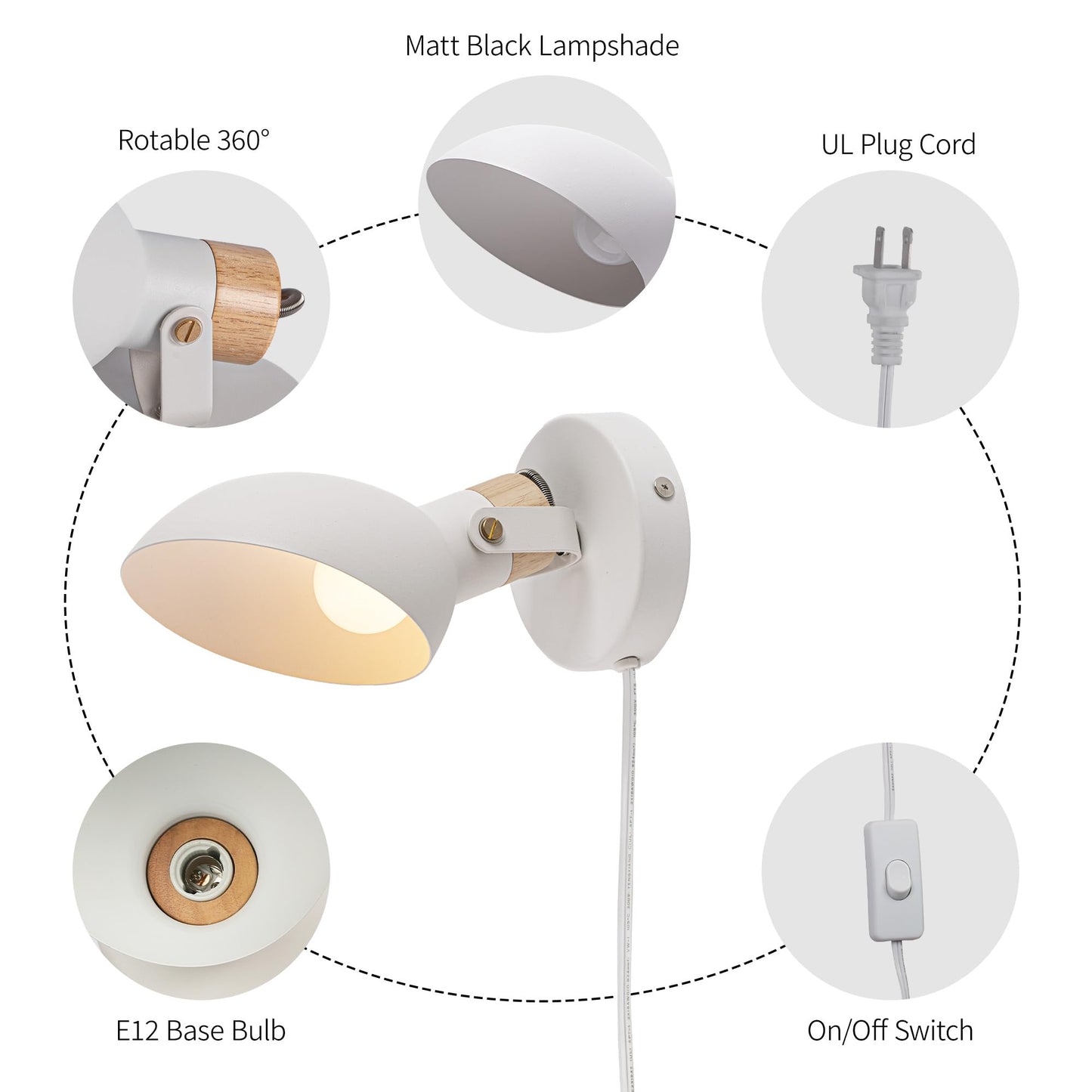 Aisilan Modern Wall Sconce with Plug in Cord and On Off Switch 5W E12 Bulb Matte White Swivel Wall Light for Bedside Living Room Corridor Hotel 3000k White