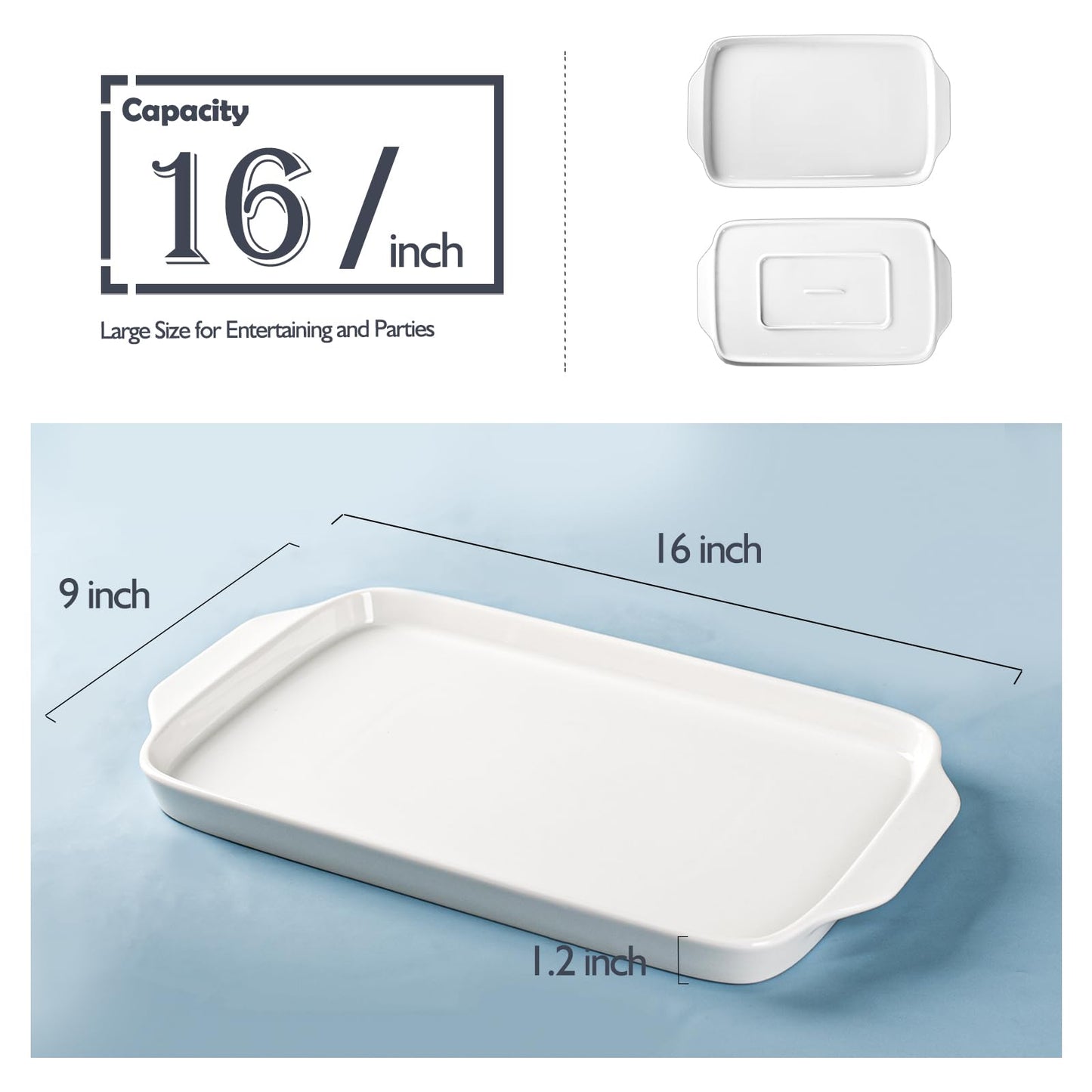Dizada Large Serving Platter with Handles 16"x9" - White Porcelain Serving Trays Set of 3, Rectangular Platters for Entertaining, Party, Appetizer, Charcuterie