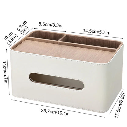 PU Leather Tissue Box Cover Rectangular with Storage Organizer, Multifunctional Remote Control Holder, Desk Organizer for Living Room, Bedroom, Office, Decorative Tissue Holder with Compartments Beige