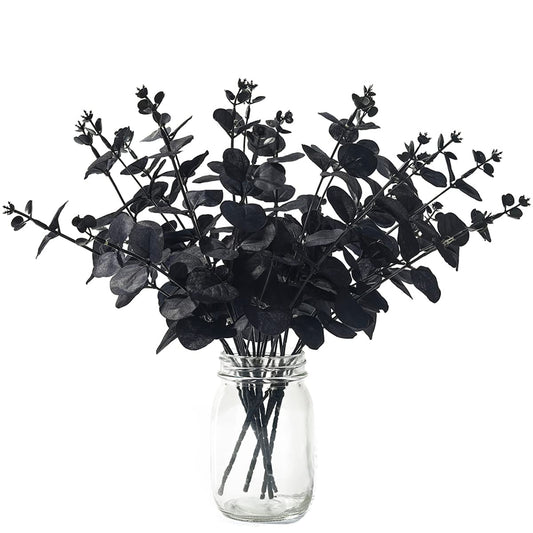 Halloween Artificial Flower, Black Eucalyptus Stems Leaves Branches Fake Flower Arrangement Farmhouse Decor (Black) 6Pcs