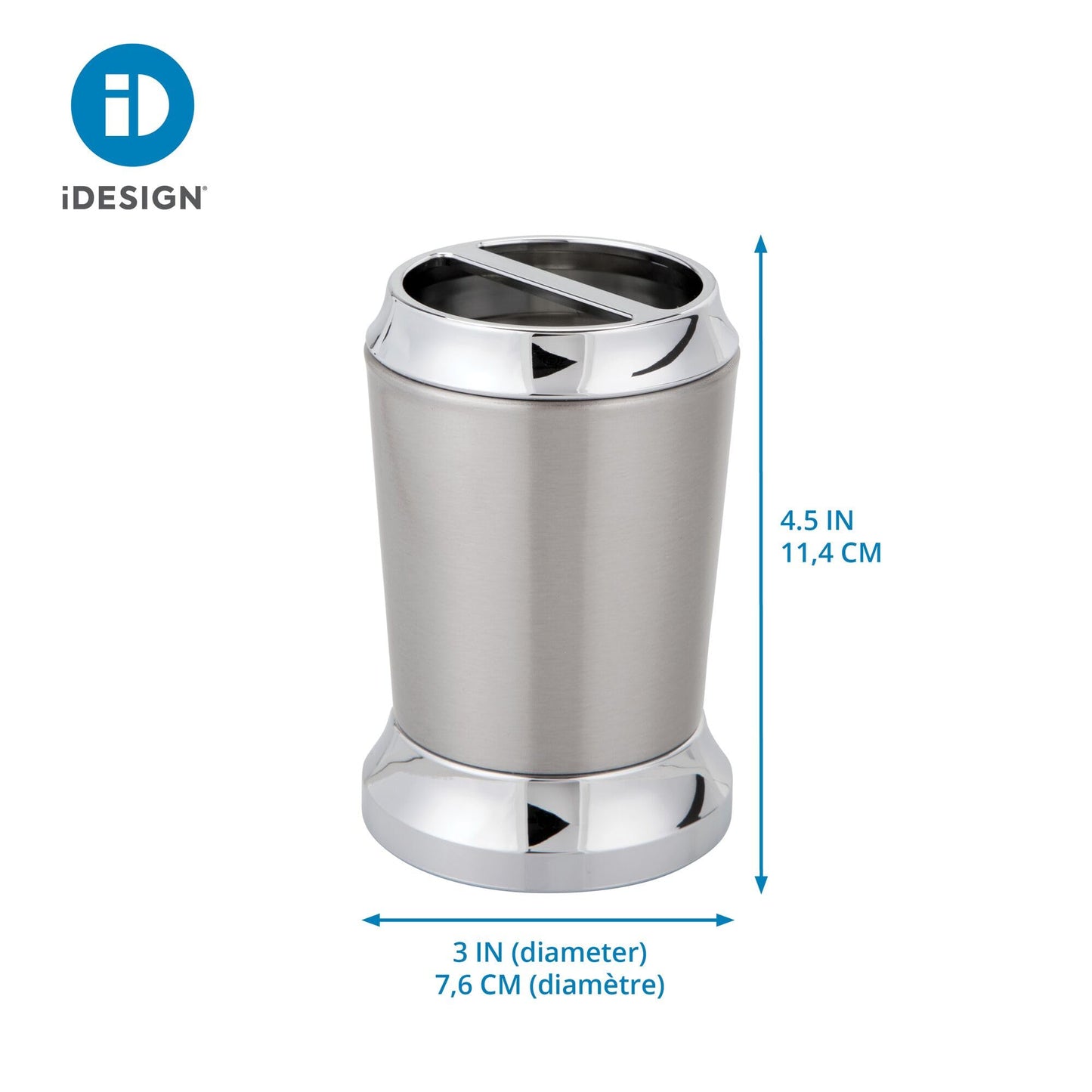 iDesign Stainless Steel Toothbrush Holder, The Preston Collection – 3" x 3" x 4.5”, Brushed & Chrome Split Finish