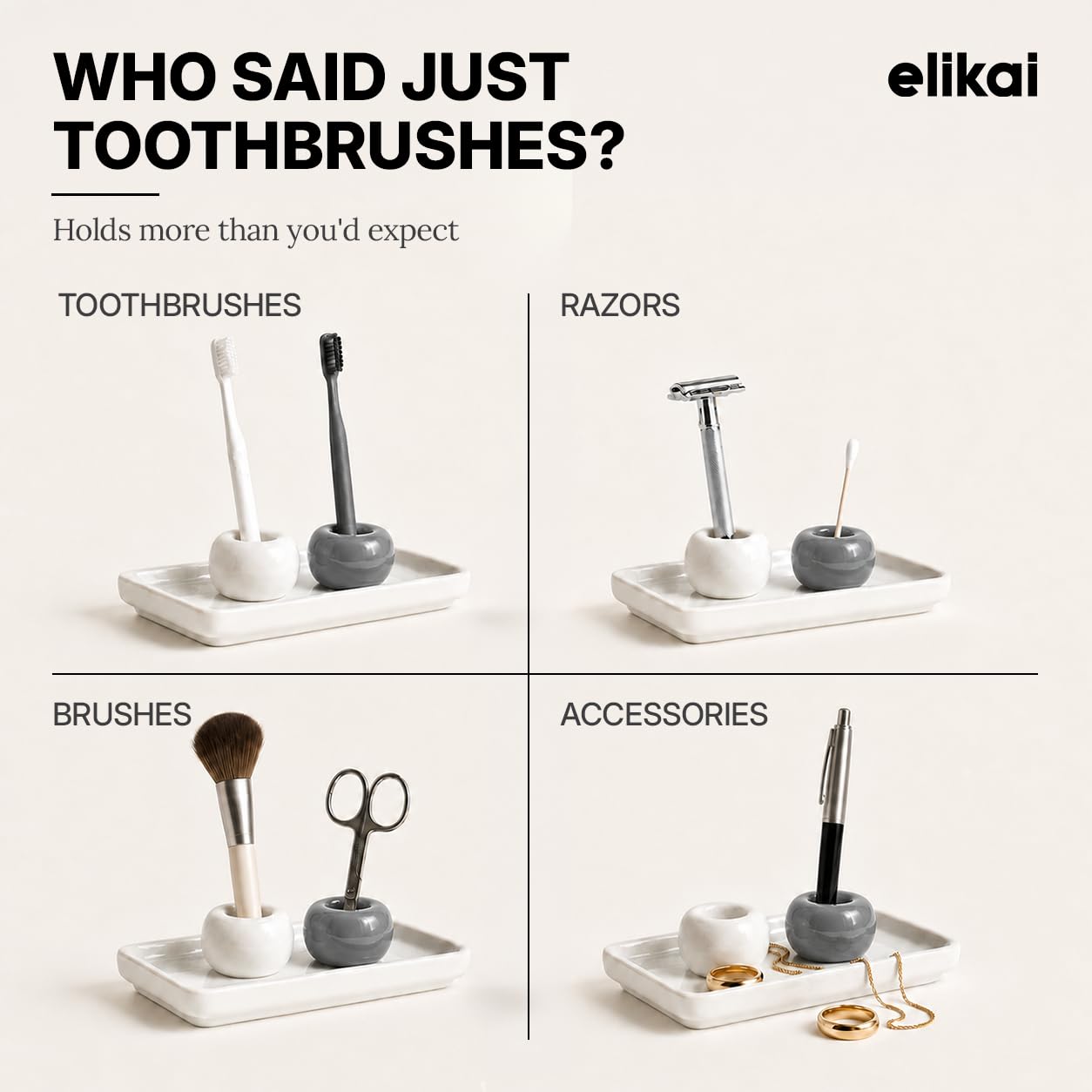 ELIKAI Ceramic Toothbrush Holders with Bathroom Tray, Countertop Organizer for Toothbrushes and Accessories, Hygienic Individual Holder Set (Grey & White, 2 Holders)