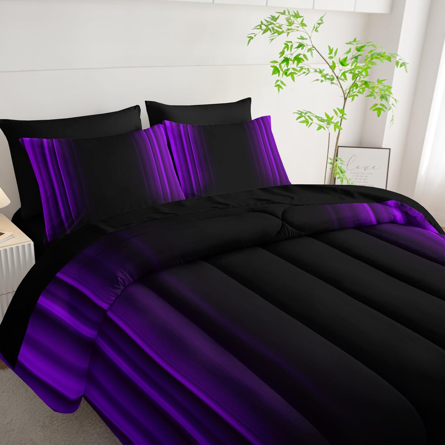 Nttopship Purple and Black Bedding Set King Size Abstract Ombre Comforter Set Bedding Set 7 Piece in A Bag,Dark Quilt Set Mordern Art Decor All Seasons with Pillowcases,Flat, Fitted Sheet
