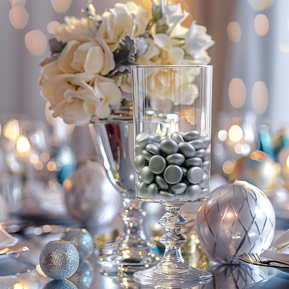 HappyFiller 170 Pcs 0.6 inch Mini Silver Glass Gems Decorative Flat Marbles for Vase Fillers Wedding Table Centerpieces Party,Candle Holder Pebble Stones,Arts Crafts,1 LB