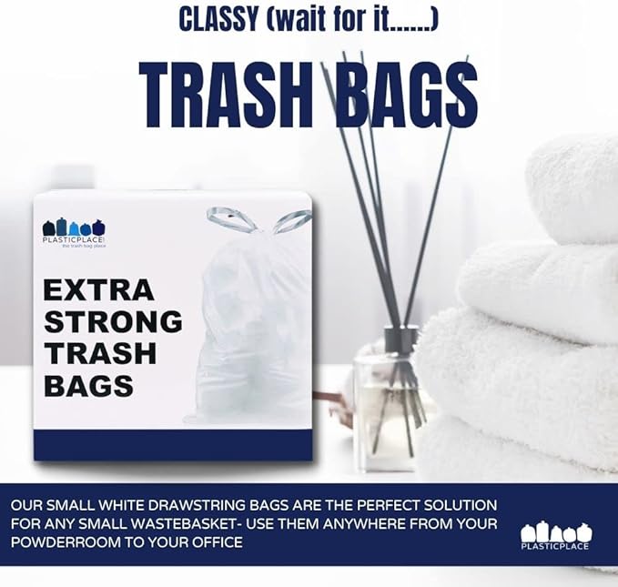 Plasticplace 6 Gallon Trash Bags White Drawstring Garbage Can Liners, 17” x 20”