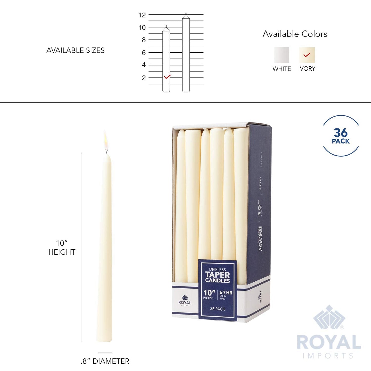 Royal Imports Unscented Taper Candles, Elegant Premium Quality, Dripless & Smokeless, Hand-Dipped Dinner Candles for Wedding, Holiday, Home Decor - 7 Hour Burn Time - Set of 36 (10 Inch, Ivory)