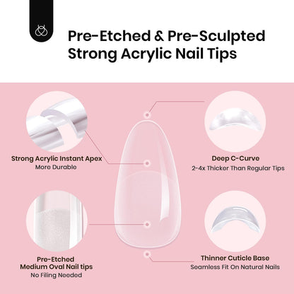 Beetles Tipex Gel Nail Kit, Medium Almond Nail Tips 224 Pcs 16 Sizes Pre-Building Pre-Etched Thick Acrylic Tips with Tipex Glue, Mini Lamp