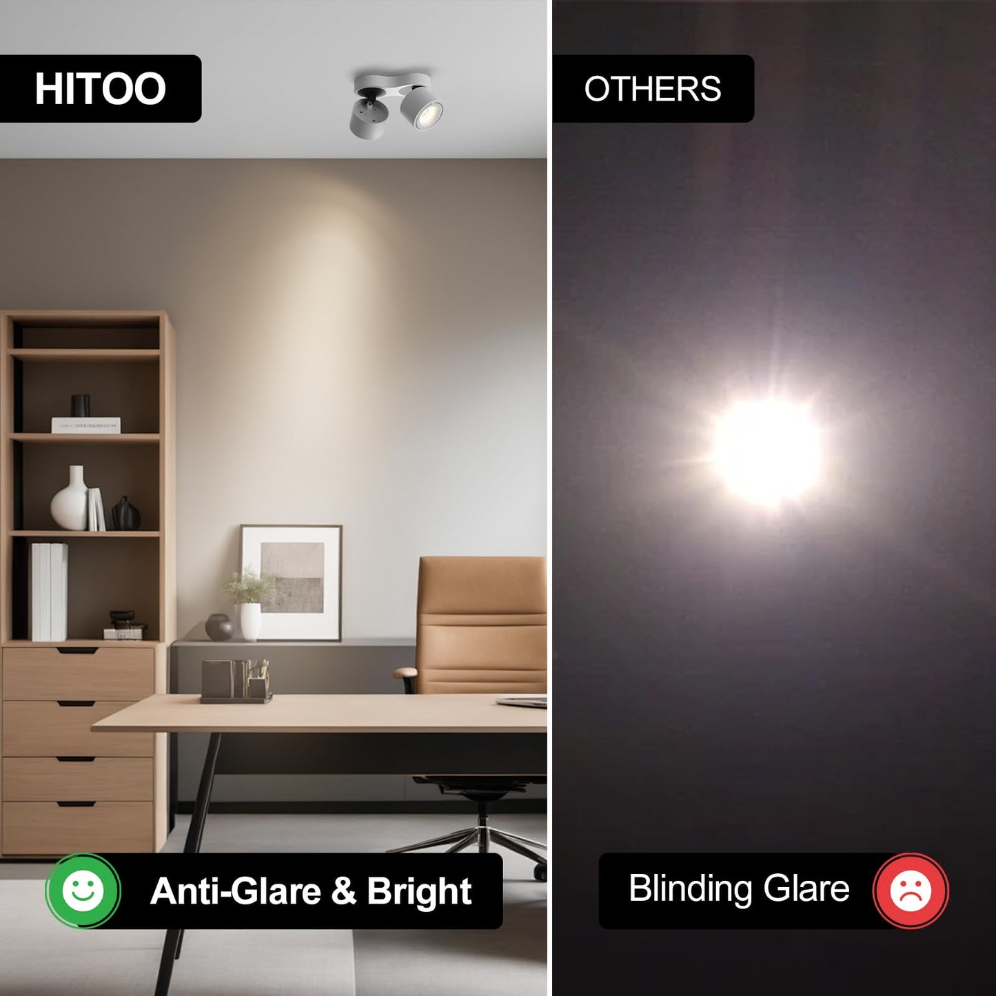 HITOO Ceiling Spot Lights Indoor, Ceiling Accent Lights 3000-6000K Selectable, 20W Dual Head LED Spot Lights, CRI 98, 220° Directional, White Ceiling Spotlight for Kitchen, Plant, Living Room