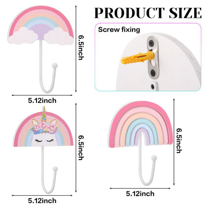 AceOrbit 3 Pcs Rainbow Wall Hooks Unicorn Wall Hangers Pink Nursery Coat Rack Rainbow Art Holder for Kids Bedroom Home Decoration