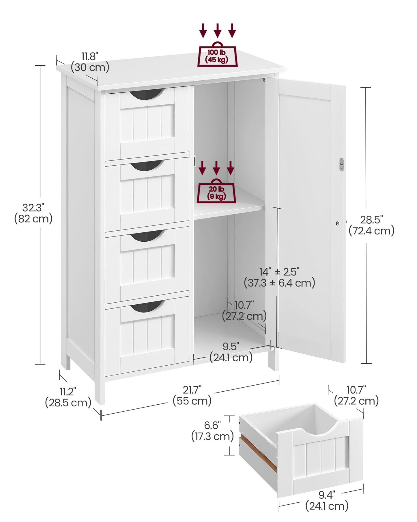 VASAGLE Bathroom Floor Storage Cabinet, Wooden Storage Unit with 4 Drawers, Single Door, Adjustable Shelf, for Living Room, Kitchen, Entryway, White LHC41W