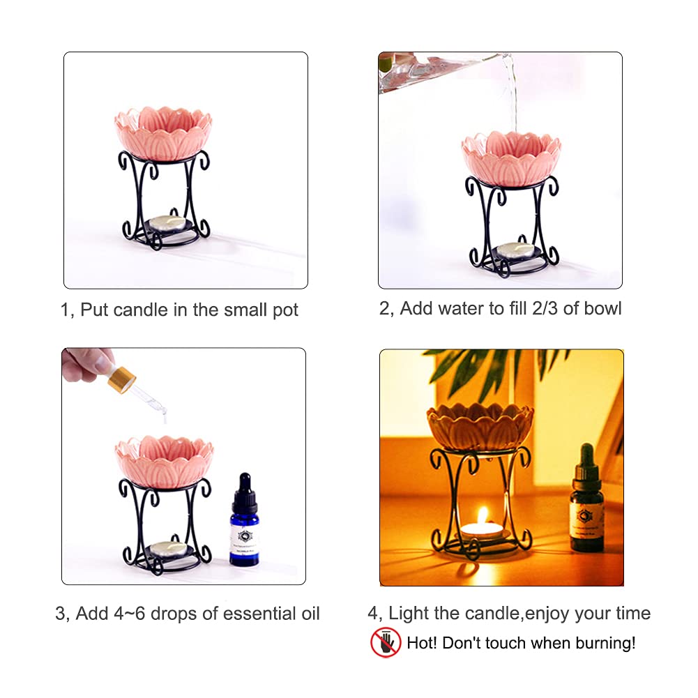 Mimeela Tealight Wax Warmer Oil Burner, Iron Wax Melter Tea Light Holder, Wax Melt Burner Candle Wax Warmer Non Electric Oil Warmer (Pink)