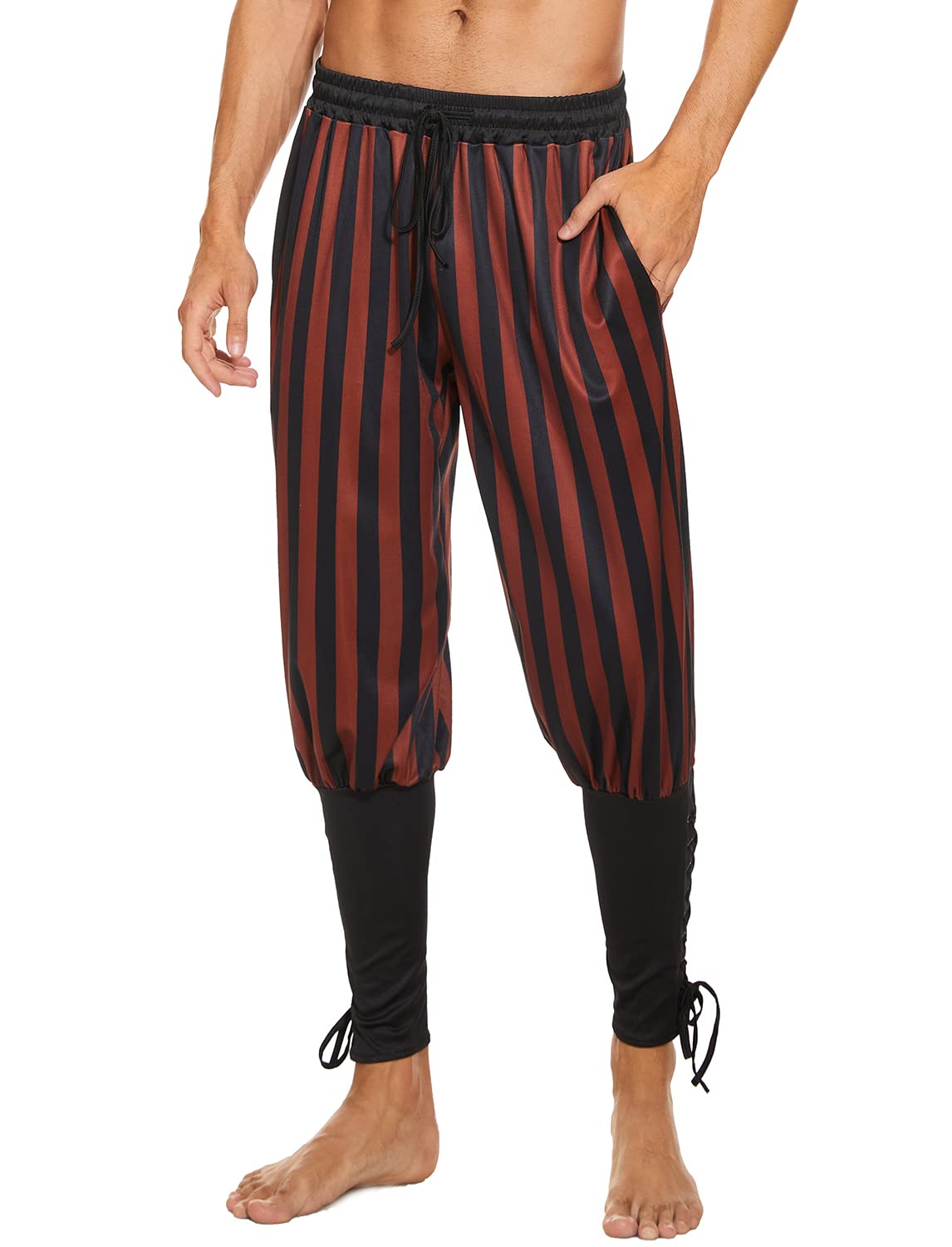 Mens Vintage Striped Pirate Pants Costume, Halloween Medieval Ankle Banded Pants, Renaissance Gothic Viking Navigator Trousers (L,Black-Brown)