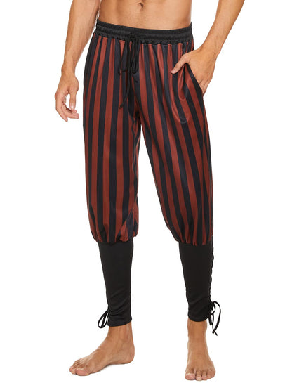 Mens Vintage Striped Pirate Pants Costume, Halloween Medieval Ankle Banded Pants, Renaissance Gothic Viking Navigator Trousers (L,Black-Brown)