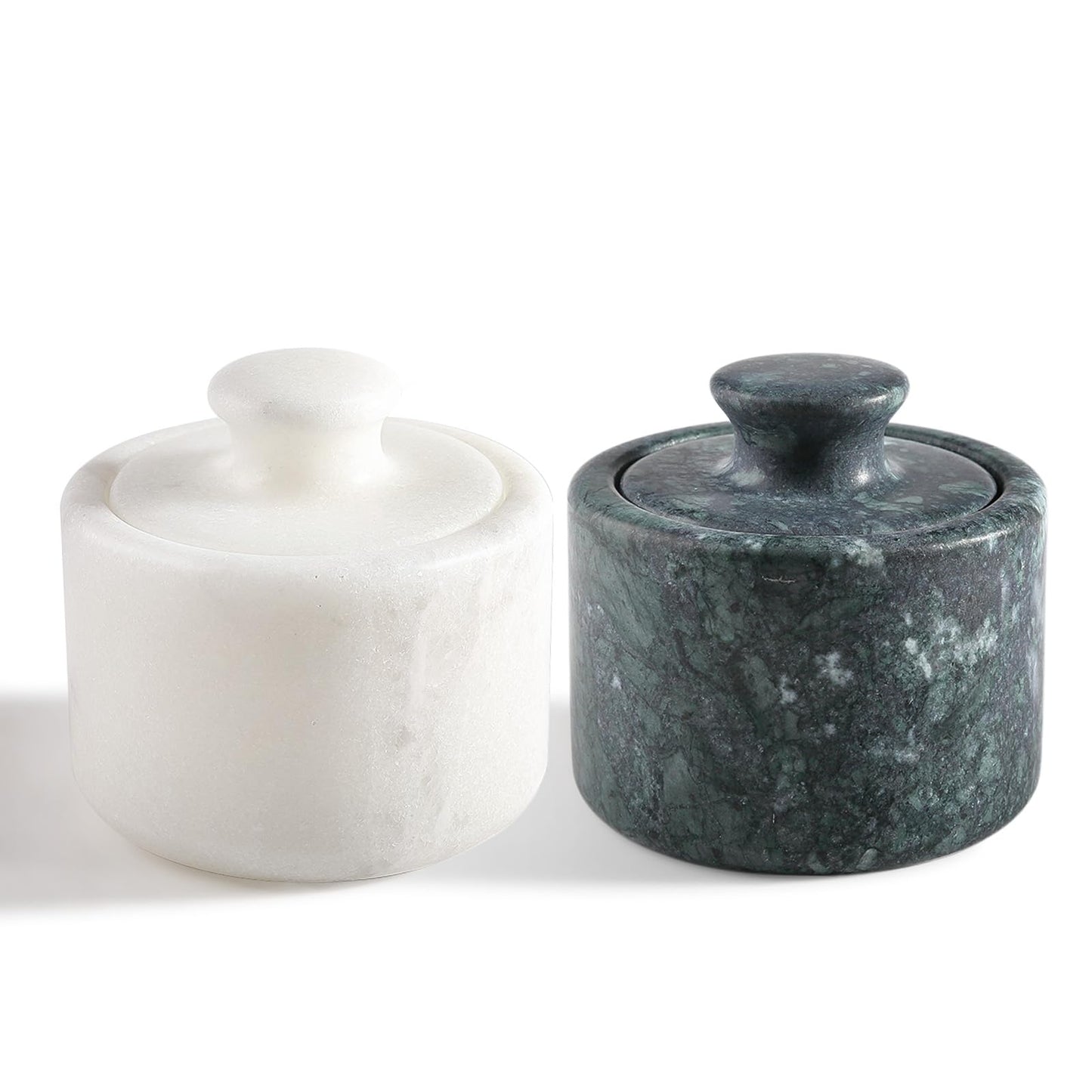 Koville Marble Salt Cellar White and Green Salt Holder with Lid for Kitchen Table Décor, Elegant Modern Handcrafted Seasoning Container for Countertop, Salt and Pepper Holder & Coffee Beans Storage