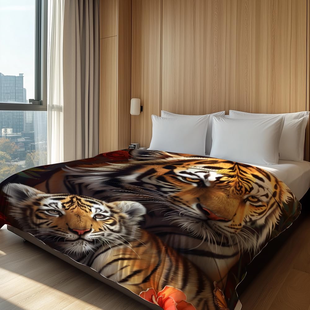 HUNXIAOJ Tiger Throw Blanket Tiger Gift for Kid Animal Print Blankets Queen Size Soft Warm Flannel for Sofa Bed (50 in x 60 in)