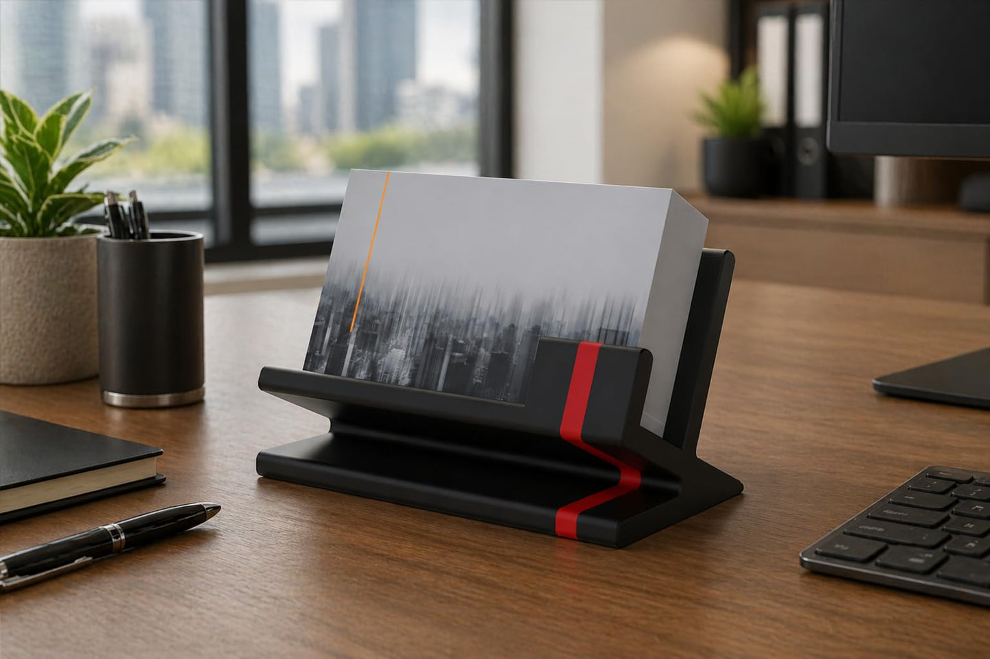 Business Card Holder for Desk – Modern Red & Black Card Display, Stylish Office Desk Accessory for Men & Women