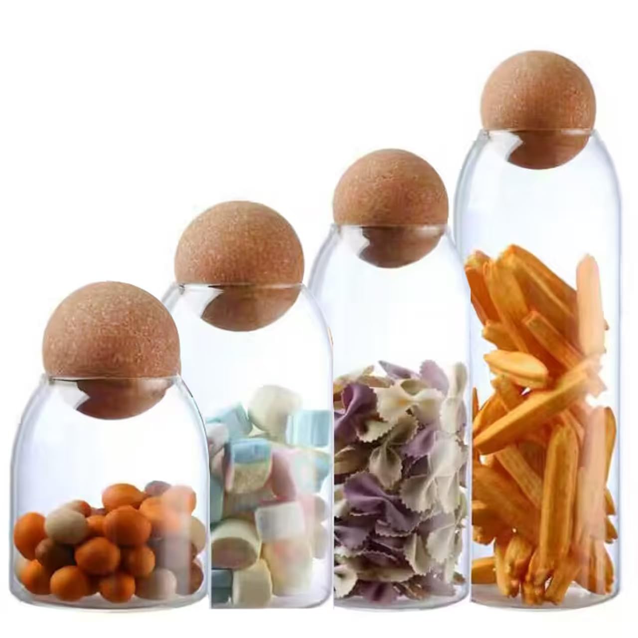 Glass Storage Jar with Ball Cork Lid, Clear Glass Canisters with Cork Ball,4Pcs High Borosilicate Glass Sealed Jar 16oz 26oz 36oz 46oz, Used for Storing Candies, Salt, Tea, Seasonings, Cookies, etc