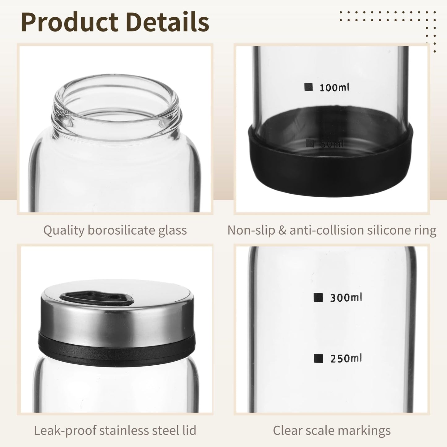 4 Pcs Salt and Pepper Shakers, 350ml Glass Spice Bottles with Adjustable Pour Holes, Spice Dispensers with Non-Slip Silicone Bases, Seasoning Jars with Rotating Steel Lids for Kitchen