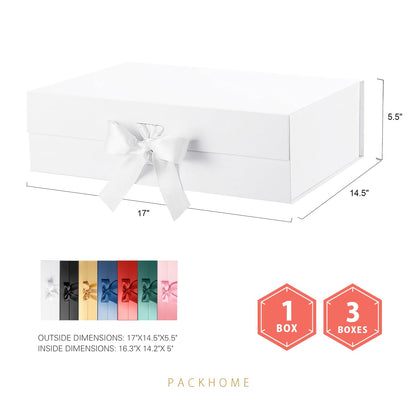PACKHOME Mother's Day 17x14.5x5.5 Inches, Extra Large Gift Box with Lid, Magnetic Closure Boxes with Ribbon for Clothes and Large Gifts (Glossy White)