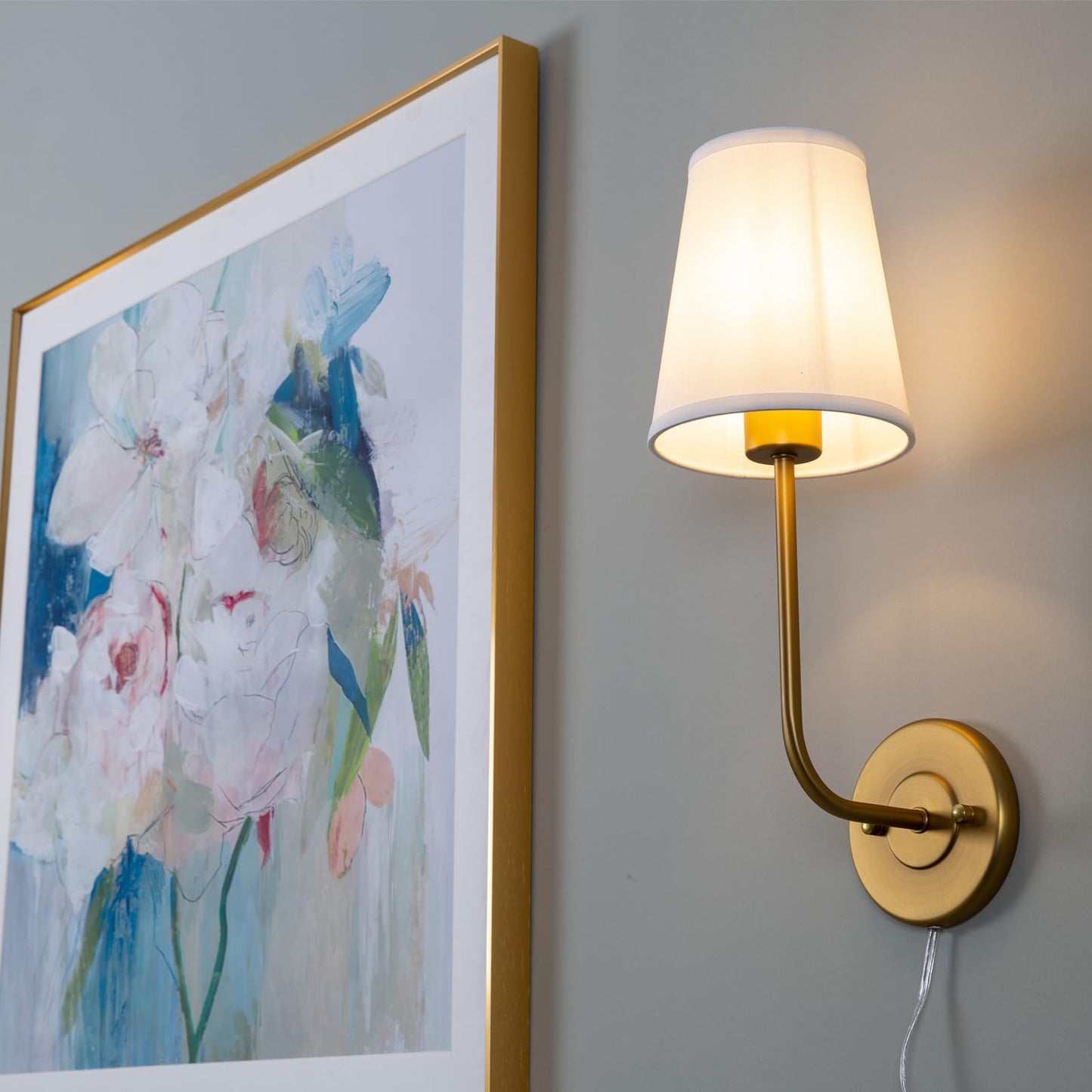 Pathson Set of 2 Plug in Wall Sconces, Rustic Wall Lighting Fixtures with On/Off Switch and Pure White Fabric Lampshade, Antique Brass Wall Lamps for Living Room Bedroom