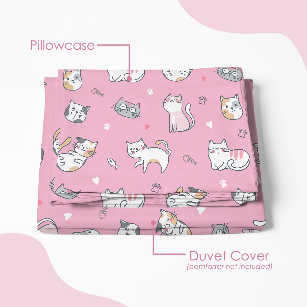 SANDJEST Cat Duvet Cover Sets Full Size for Kids Girls, Incude 1 Polyester Comforter Cover 80x90 Inches and 2 Pillowcases 20x26 Inches, Comforter Not Included, Gift for Christmas Birthday