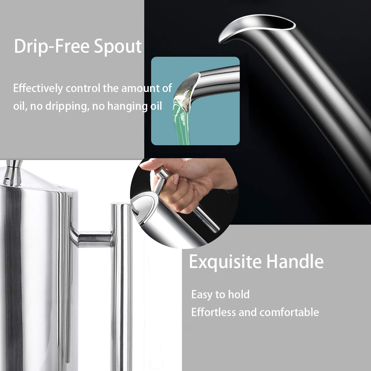 Sumerflos Olive Oil Dispenser Bottle Stainless Steel, 500ml/17oz Drip-Free Pouring Oil Pot Storage Container for Salad and Kitchen Cooking