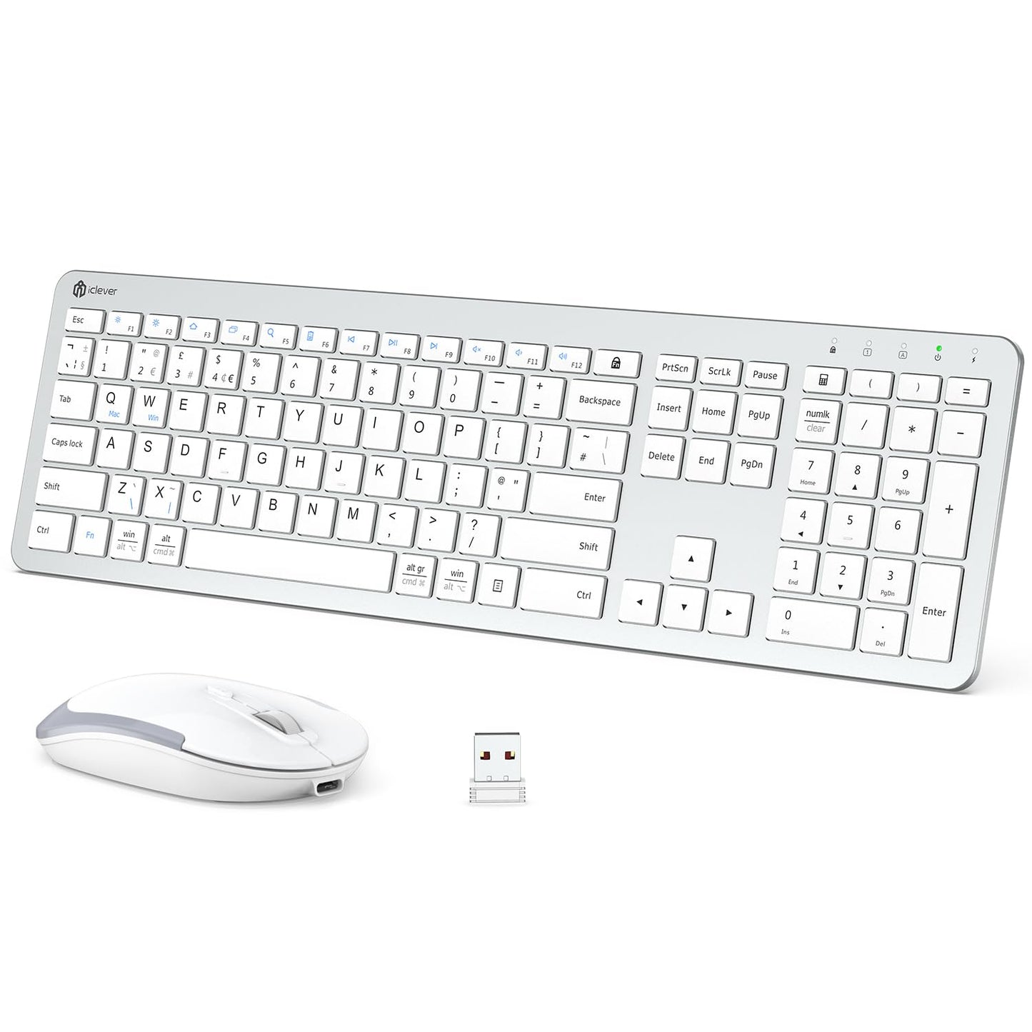 Wireless Keyboard and Mouse Set, iClever Keyboard and Mouse Rechargeable Full Size with Numeric Keypad, Energy Saving 2.4G USB Ultra Slim Silent Wireless for Mac OS/Windows/Computer/Laptop