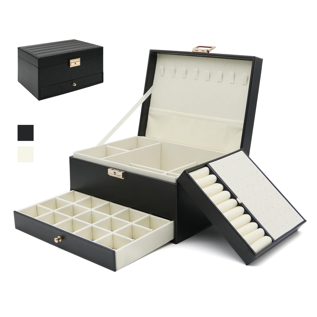 Jewelry Organizer, Travel Jewelry Box Organizers for Women Girls, Jewellery Display Holder 3 Layers Large PU Leather Jewellery Storage Case for Earring, Rings, Necklaces, Bracelets, Watch, Gift(Black)