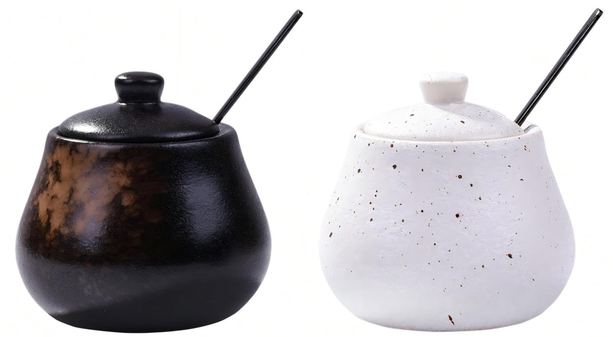 BOSILI Ceramic Sugar Jar Set of 2, Condiment Canisters with Lids and Spoons, Black and White Storage Containers for Sugar, Salt, Spices and Jam