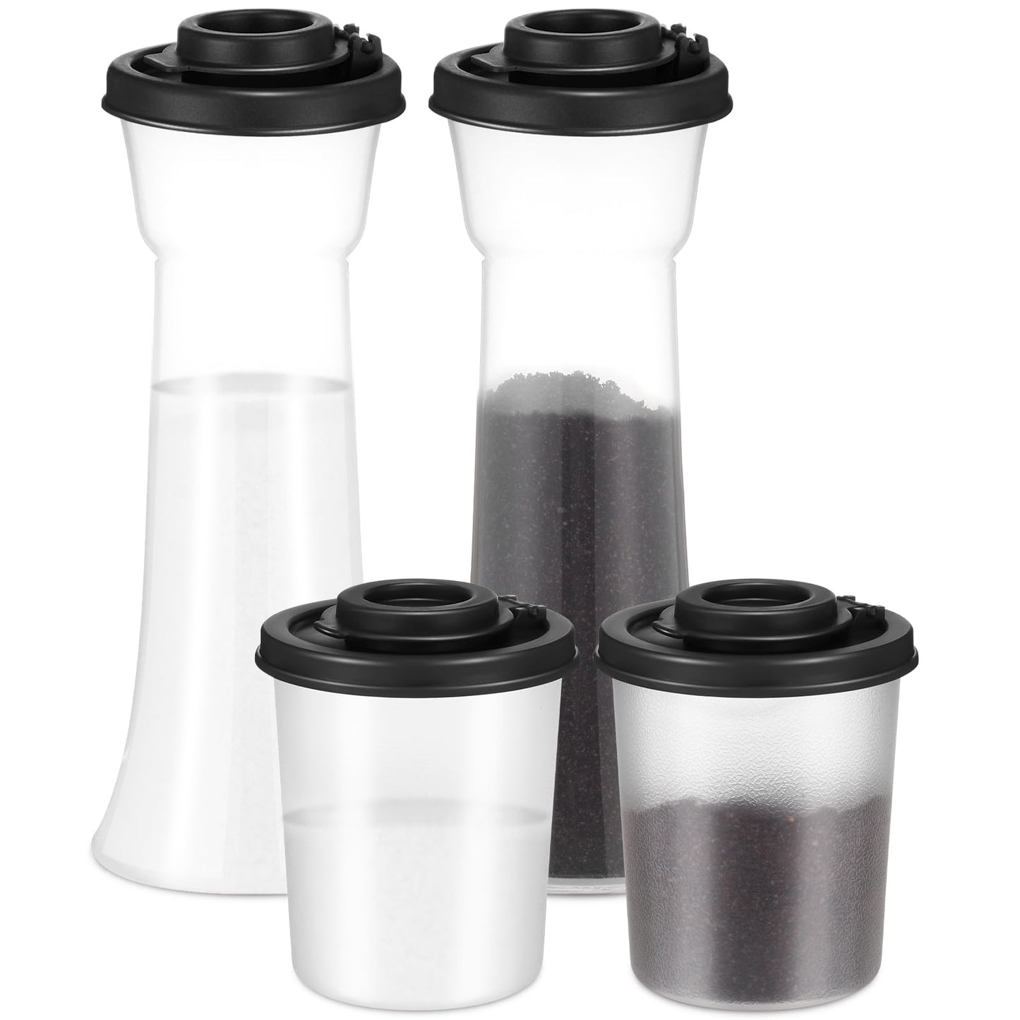 EBOOT 4 Pcs Salt and Pepper Shaker Set Hourglass Picnic Salt and Pepper Shakers Plastic Airtight Spice Jar Dispenser with Lids for Camping Outdoors Kitchen Lunch(Black)