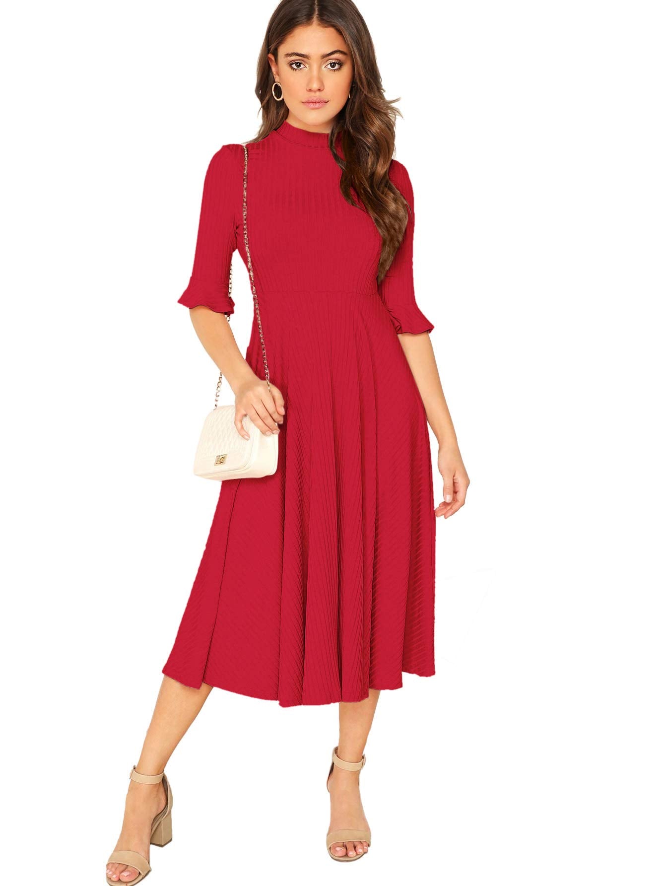 Verdusa Women's Ruffle Half Sleeve A Line Fall Dresses Elegant Fit and Flare Midi Dress Red Solid Small