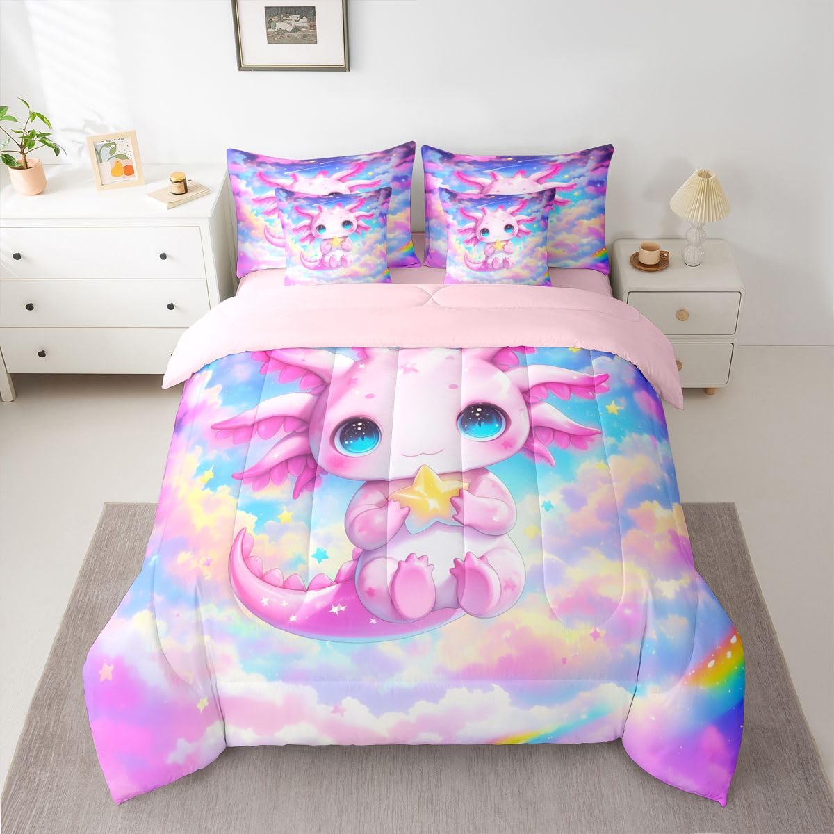 Erosebridal Kids Rainbow Axolotl Queen Bedding Set Girls Cute Axolotl Comforter Set with Flat and Fitted Sheet Rainbow Dreamy Stars Clouds 7-Piece Bed in a Bag Colorful Space Sky Quilt Sets