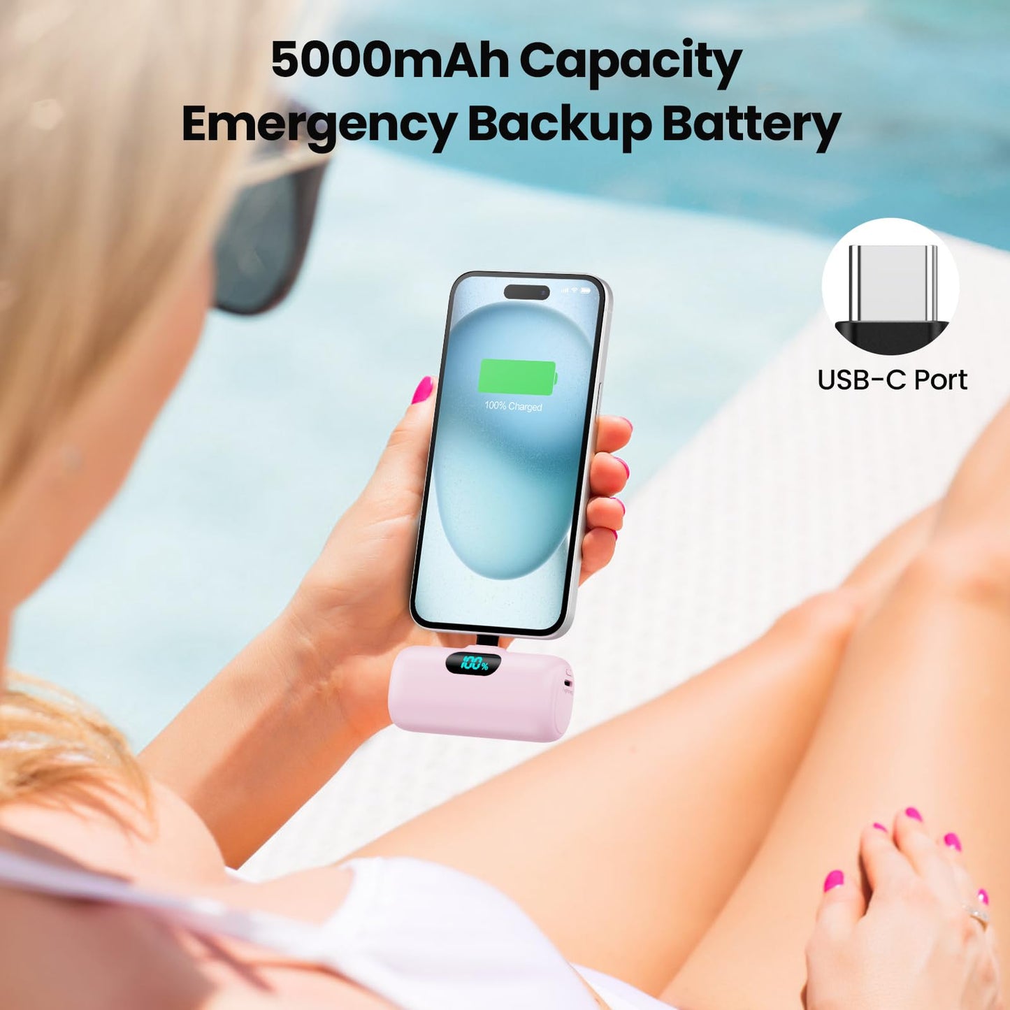 Mini Portable Charger USB C Power Bank,Upgraded 5000mAh PD Fast Charging Battery Pack Built-in USB-C Connector,LCD Display,Compatible with iPhone16,16 Plus,16Pro/Max/15,iPad Pro/Air,Android Phone etc