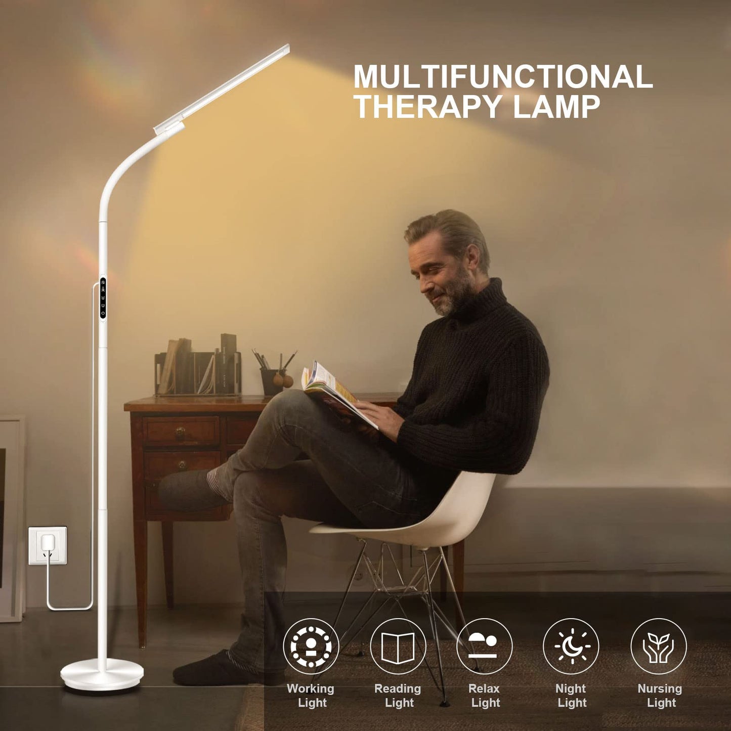Sozapooty Light Therapy Lamp,10000 Lux Happy Therapy Light, Floor Sun Therapy Lamp with Remote & Touch Control & Adjustable Gooseneck for Reading/Office/Home